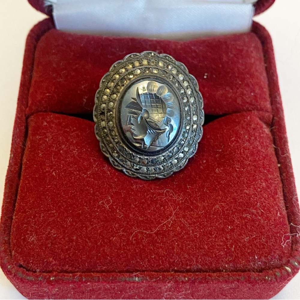 Art Deco Sterling Silver Carved Hematite Intaglio Roman Solider Ring